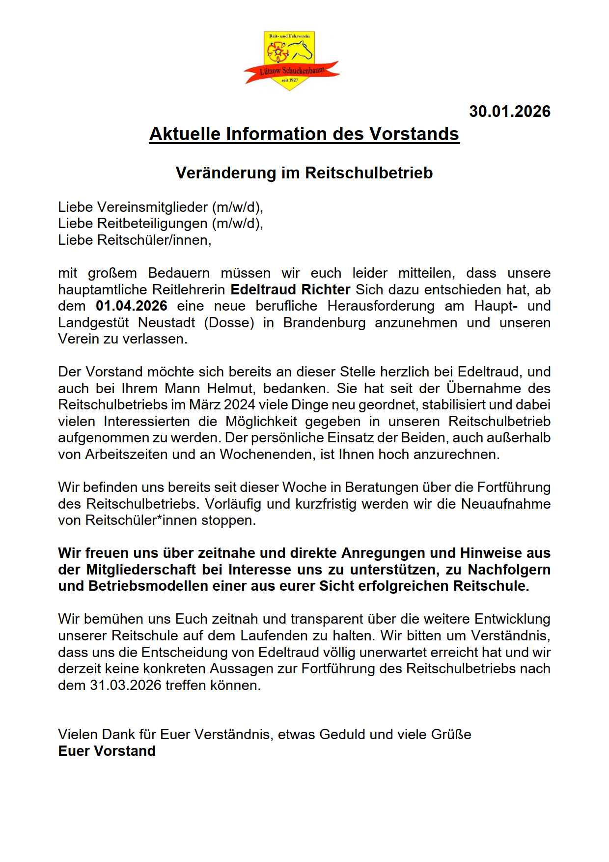 Veränderung im Reitschulbetrieb