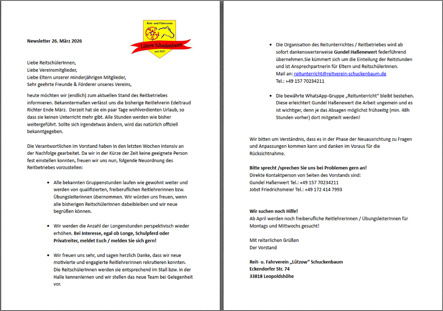 Neuorganisation des Reitschulbetriebes ab 26.03.2026